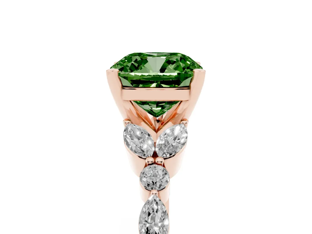 Fancy Green Cushion Cut Diamond Solitaire Ring with Side Stones and Four-Prong Setting Rose gold