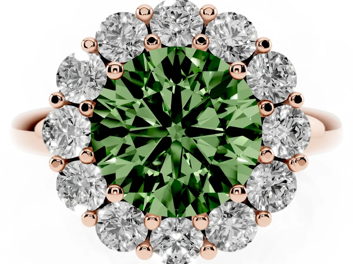 Fancy Green Round Cut Halo Cluster Diamond Engagement Ring with Prong Setting and Polished Band Rose gold