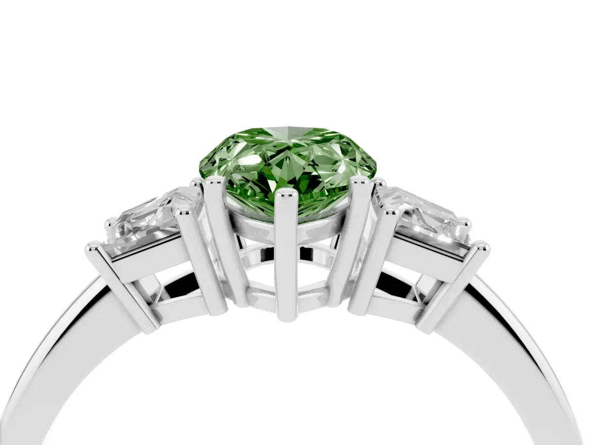 Fancy Green Pear Cut Diamond Three-Stone Ring with Trapezoid Side Stones and Prong Setting Silver