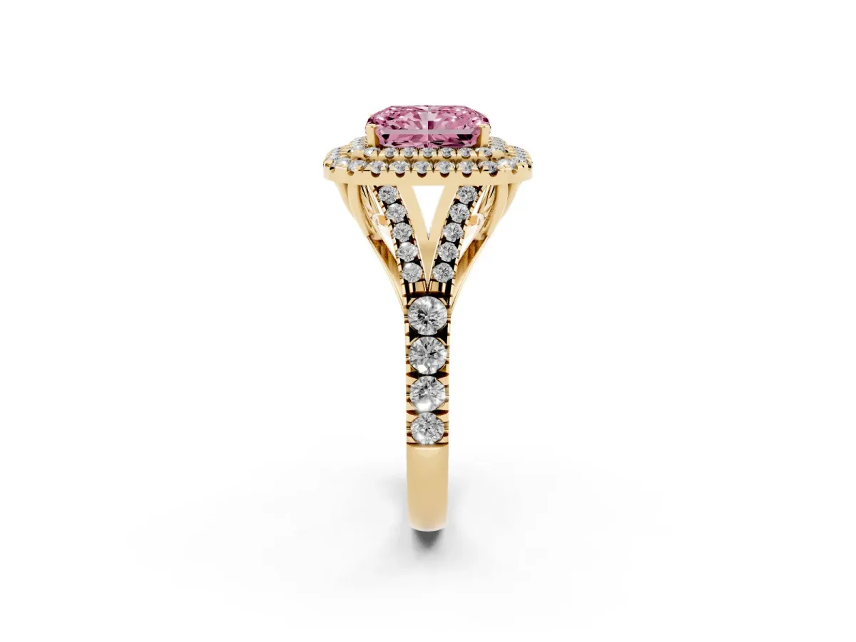 Fancy Pink Radiant Cut Diamond Double Halo Ring with Split Shank and Prong Setting Yellow gold