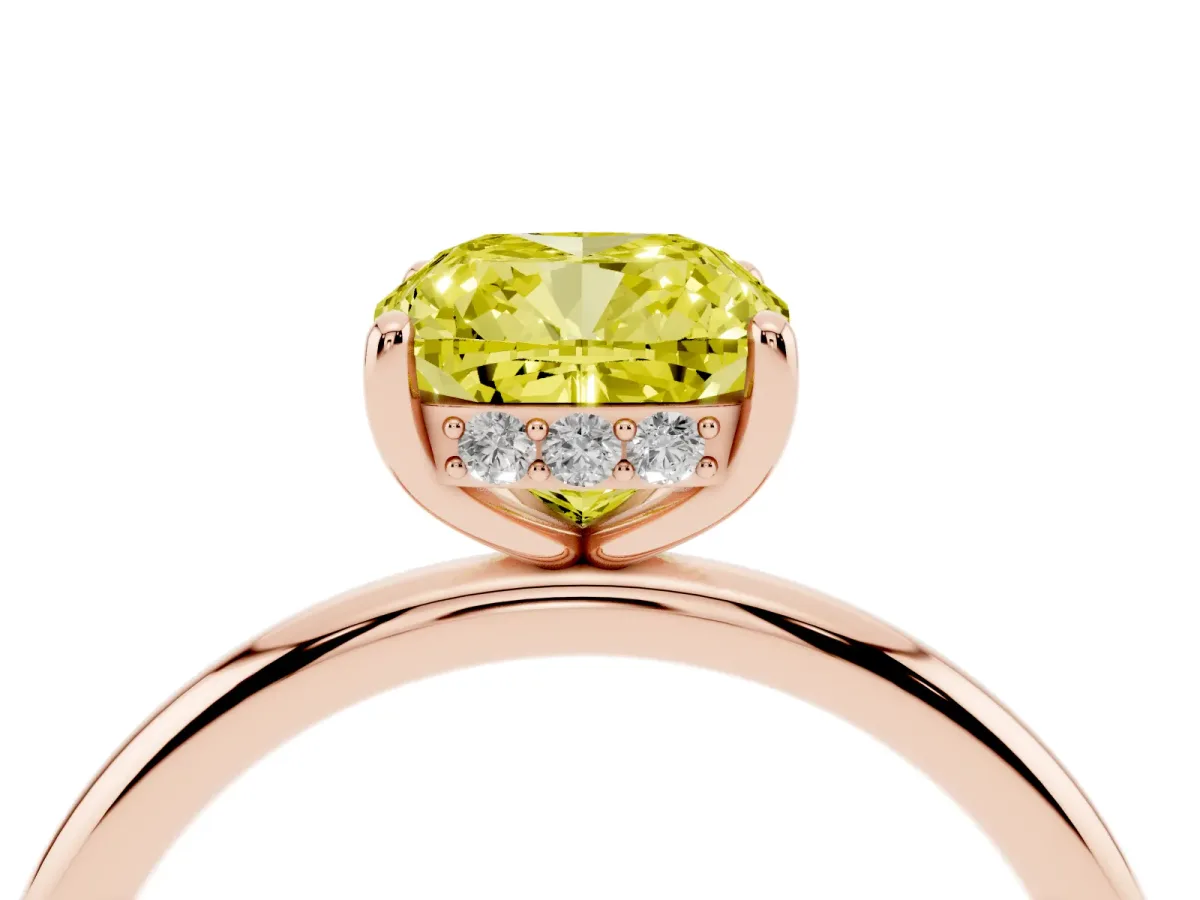 Fancy Yellow Cushion Cut Solitaire Diamond Ring with a Classic Band and Four-Prong Setting Rose gold