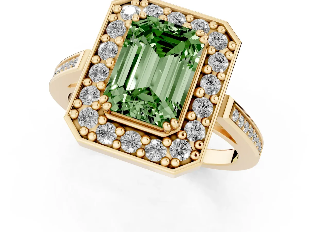 Fancy Green Emerald Cut Diamond Halo Ring with Split Shank and Four-Prong Setting Yellow gold