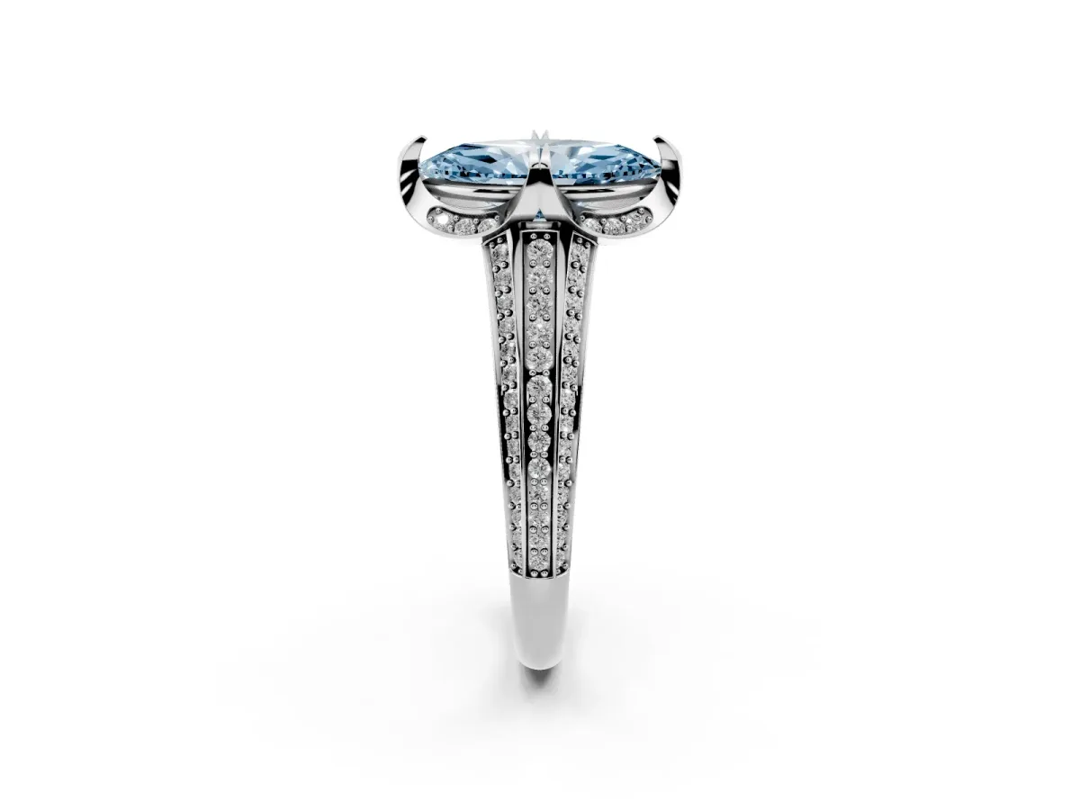 Fancy Blue Marquise Cut Solitaire Pave Split Shank Ring with Four-Prong Setting White gold