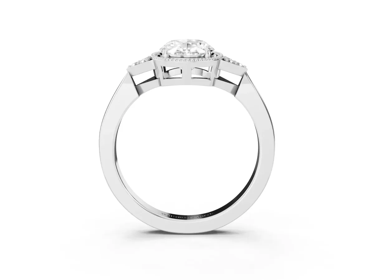 Hexagonal Halo Oval Cut Diamond Solitaire with Pavé Band and Four-Prong Setting Platinum