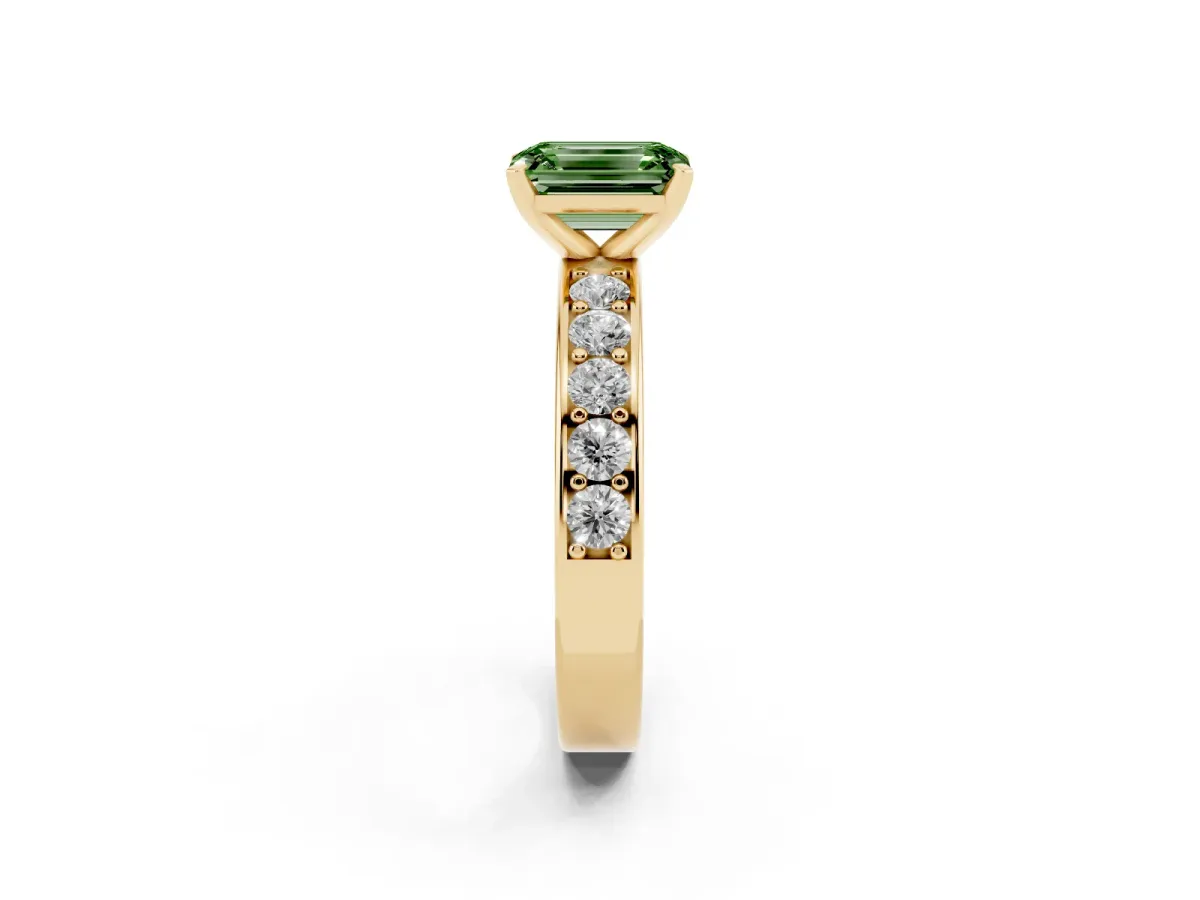 Fancy Green Emerald Cut Diamond Engagement Ring with Channel Set Round Band and Prong Setting Yellow gold