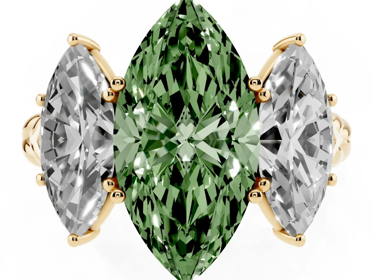 Fancy Green Three-Stone Marquise Cut Diamond Braided Band Ring with Four-Prong Setting Yellow gold