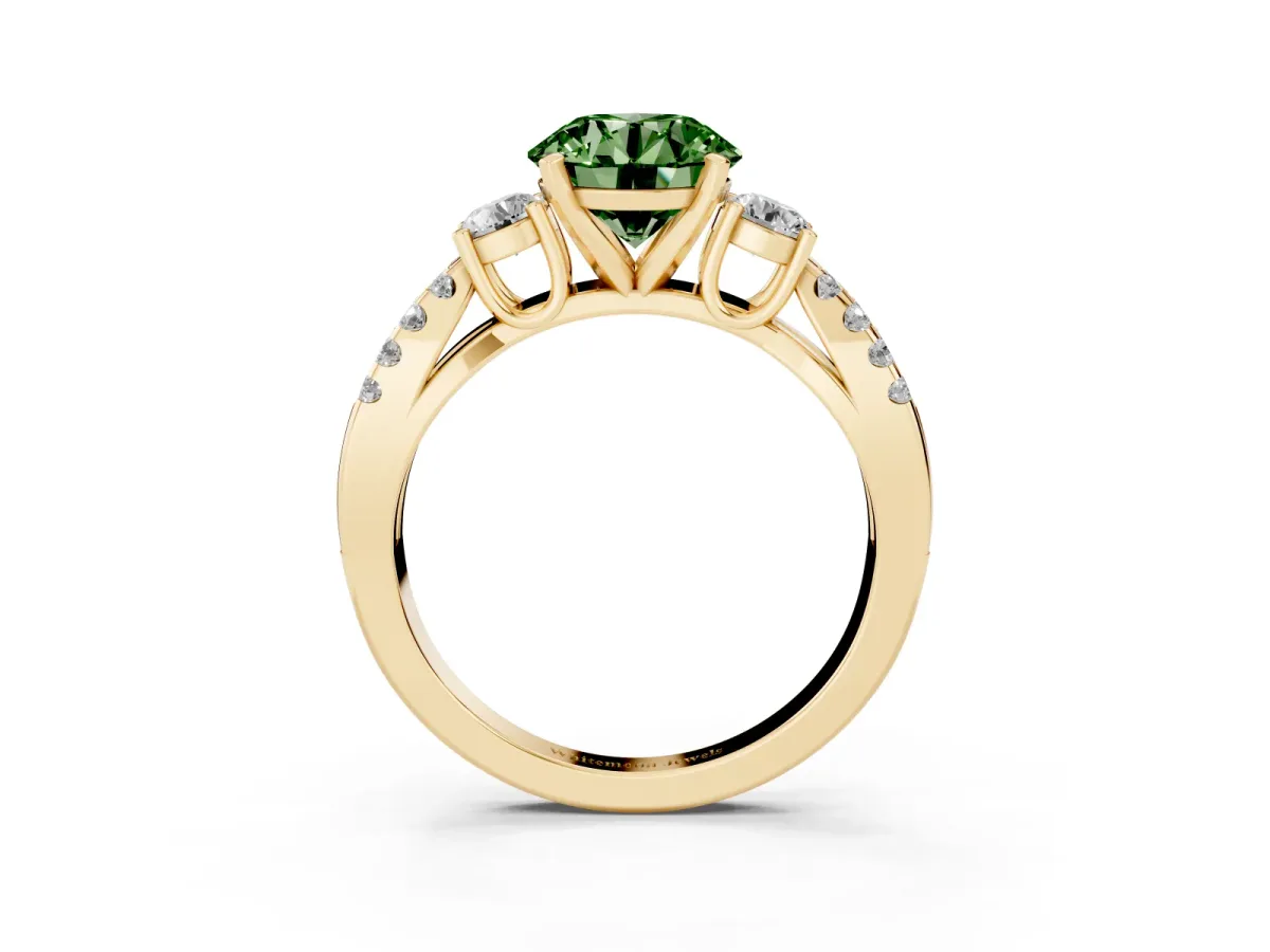 Fancy Green Round Cut Diamond Three-Stone Ring with Pavé Split Shank and Four-Prong Setting Yellow gold