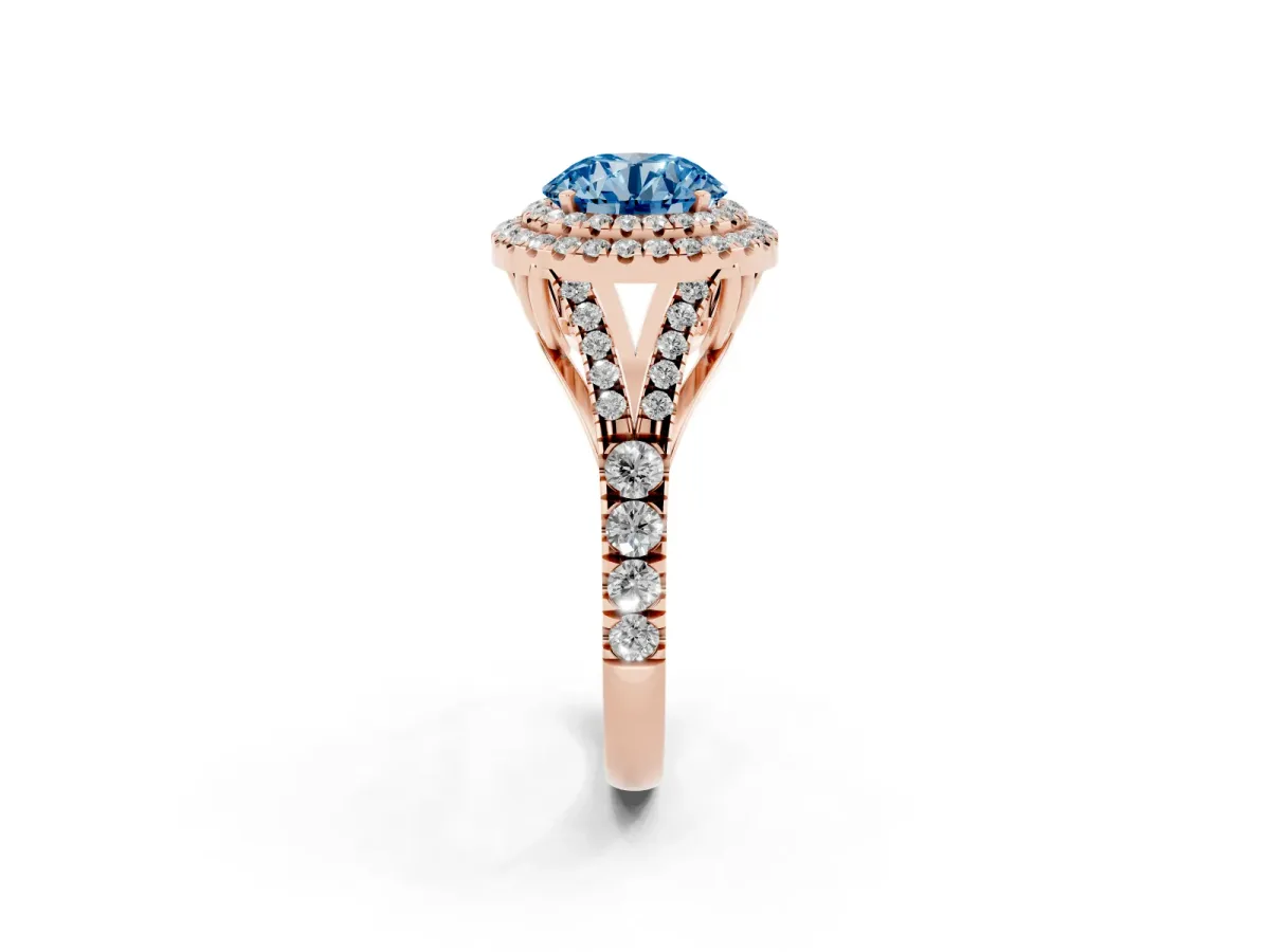 Fancy Blue Round Cut Cut Double Halo Split Shank Diamond Ring with Prong Setting Rose gold