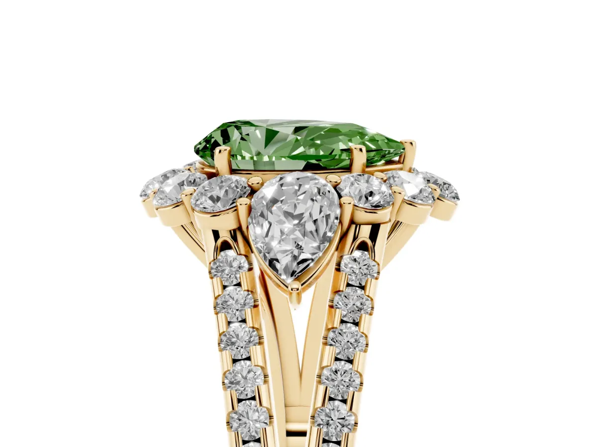 Fancy Green Pear Cut Halo Split Shank Diamond Engagement Ring with Prong Setting Yellow gold