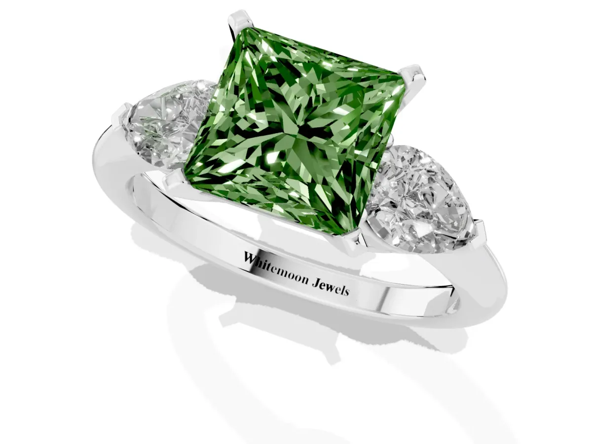 Fancy Green Three-Stone Princess Cut Diamond Ring with Pear Side Stones and Four-Prong Setting Silver