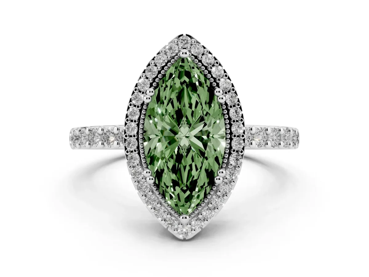 Fancy Green Marquise Cut Cut Diamond Halo Engagement Ring with Milgrain Detail and Pavé Band Silver