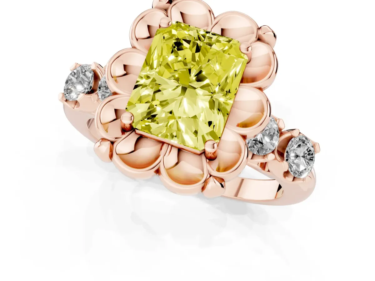 Fancy Yellow Radiant Cut Cut Diamond Floral Halo Engagement Ring with Shared Prong Setting Rose gold