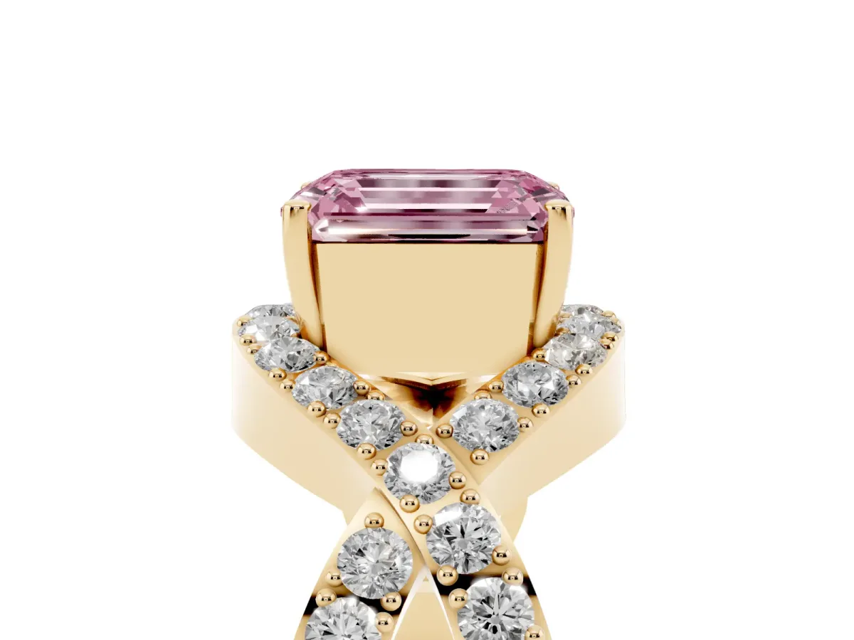 Fancy Pink Emerald Cut Solitaire Twist Band Pavé Diamond Engagement Ring Yellow gold