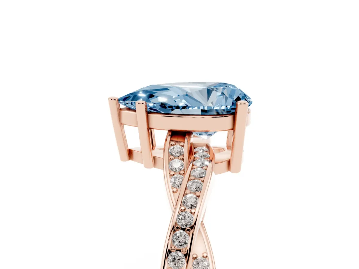 Fancy Blue Pear Cut Solitaire Twisted Pave Diamond Ring with Four-Prong Setting Rose gold