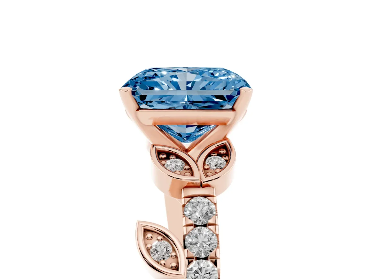 Fancy Blue Radiant Cut Solitaire Leaf-Inspired Diamond Ring with Pavé Band and Four-Prong Setting Rose gold
