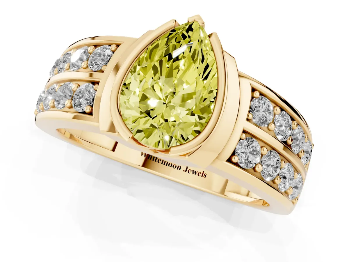 Fancy Yellow Pear Cut Brilliant Diamond Channel Set Wide Band Ring with Bezel Setting Yellow gold