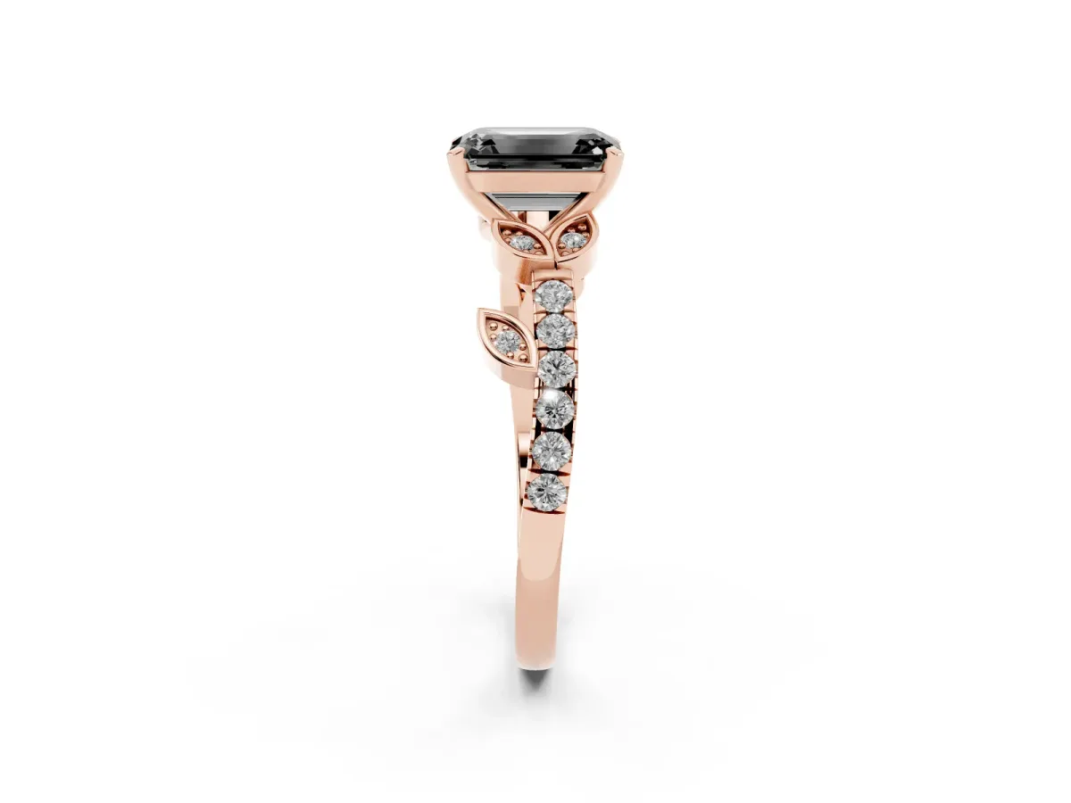 Fancy Black Emerald Cut Solitaire Leaf-Inspired Diamond Ring with Pavé Band and Four-Prong Setting Rose gold