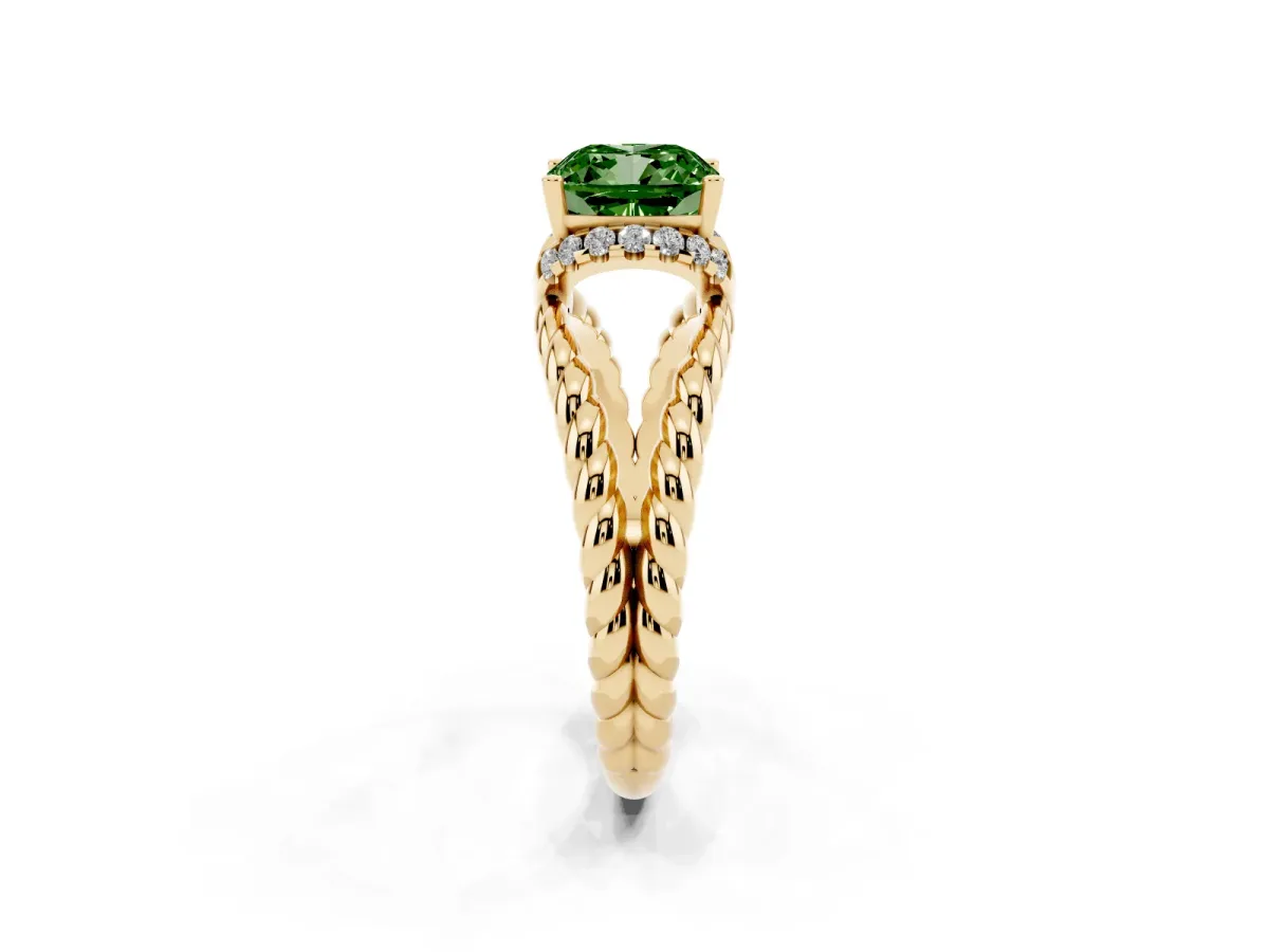 Fancy Green Cushion Cut Halo Twisted Band Four-Prong Ring Yellow gold