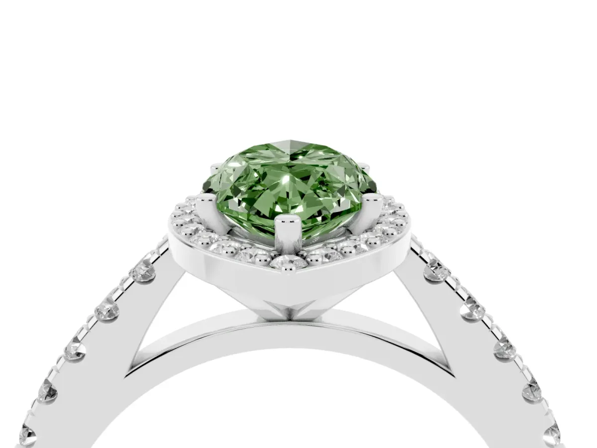 Fancy Green Marquise Cut Cut Halo Diamond Engagement Ring with Pave Band and Four-Prong Setting White gold