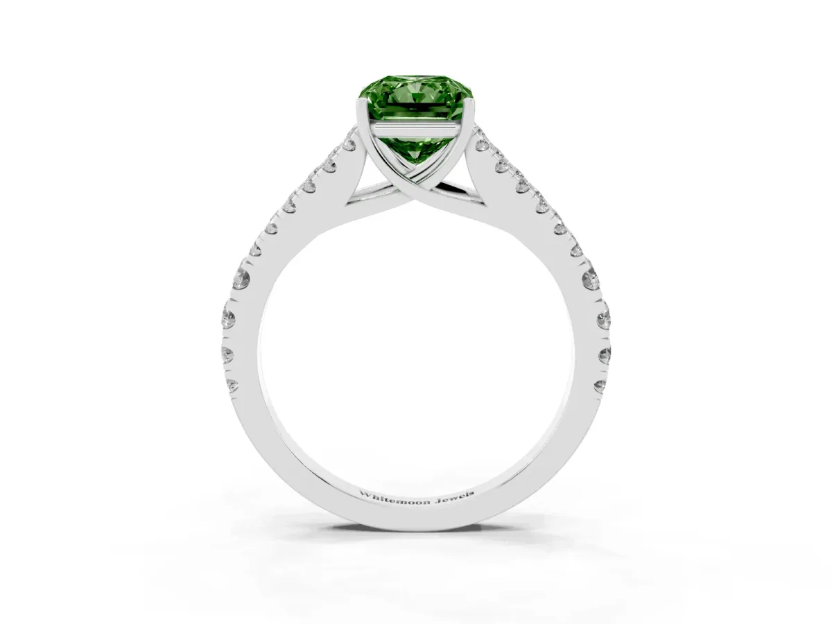 Fancy Green Radiant Cut Diamond Split Shank Pavé Engagement Ring with Four-Prong Setting Platinum