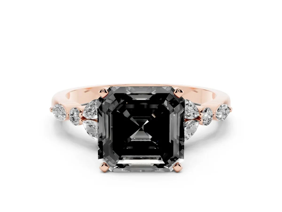 Fancy Black Asscher Cut Diamond Solitaire Ring with Side Stones and Four-Prong Setting Rose gold