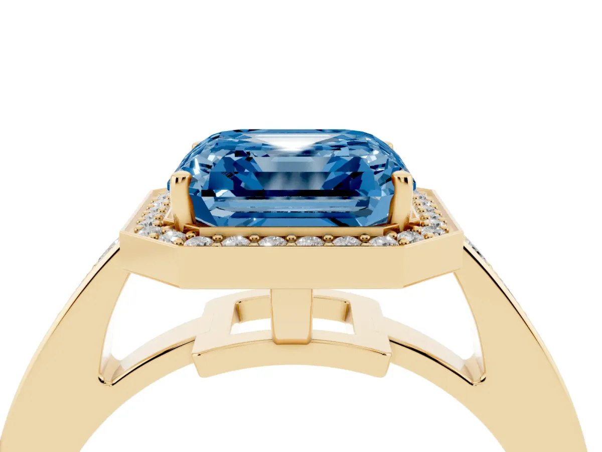 Fancy Blue Asscher Cut Halo Pavé Diamond Engagement Ring with Bezel Setting Yellow gold