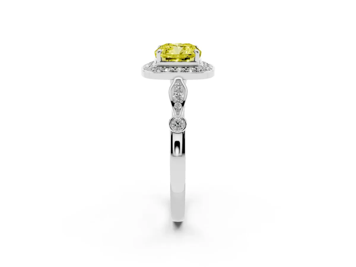 Fancy Yellow Cushion Cut Halo Diamond Engagement Ring with Twisted Band and Four-Prong Setting White gold