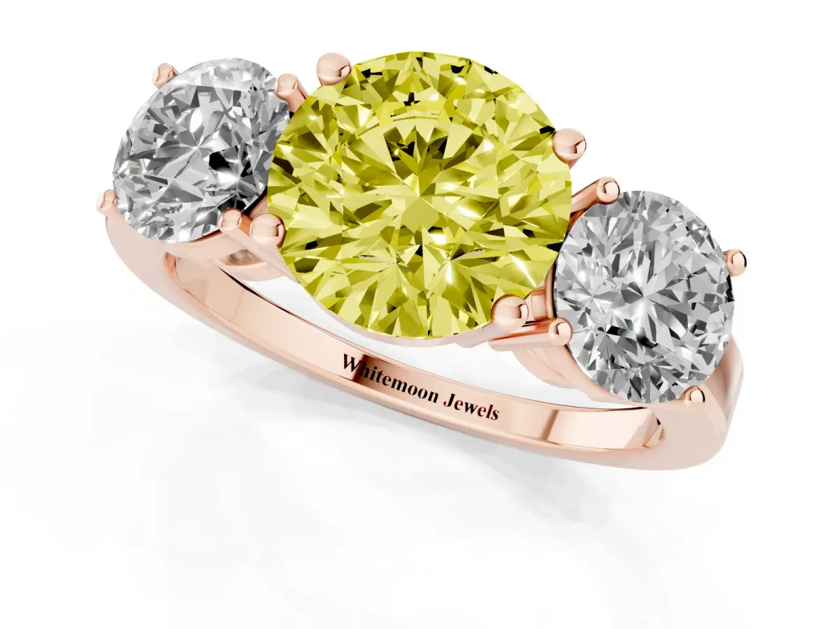 Fancy Yellow Three-Stone Round Cut Cut Diamond Engagement Ring with Flat Band and Four-Prong Setting Rose gold