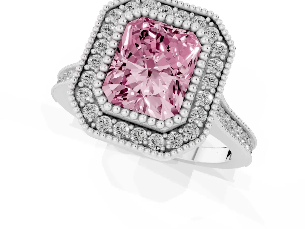 Fancy Pink Radiant Cut Diamond Halo Ring with Milgrain Frame and Pavé Band White gold