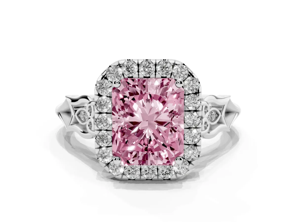 Fancy Pink Radiant Cut Halo Diamond Engagement Ring with Filigree Band and Four-Prong Setting Platinum