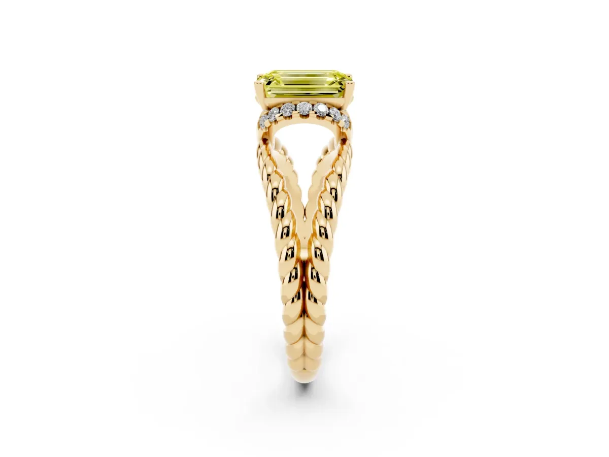 Fancy Yellow Emerald Cut Halo Twisted Band Four-Prong Ring Yellow gold