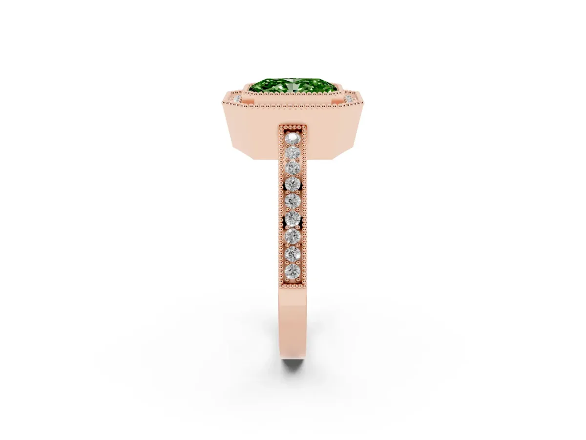 Fancy Green Radiant Cut Cut Halo Diamond Ring with Pavé Band and Milgrain Prong Setting Rose gold