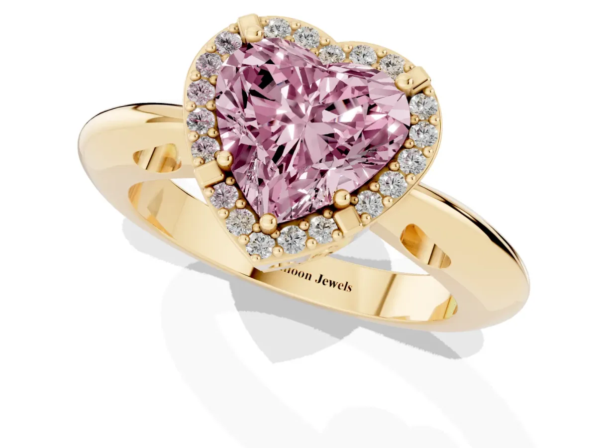 Fancy Pink Heart Cut Cut Diamond Halo Engagement Ring with Split Shank and Four-Prong Setting Yellow gold