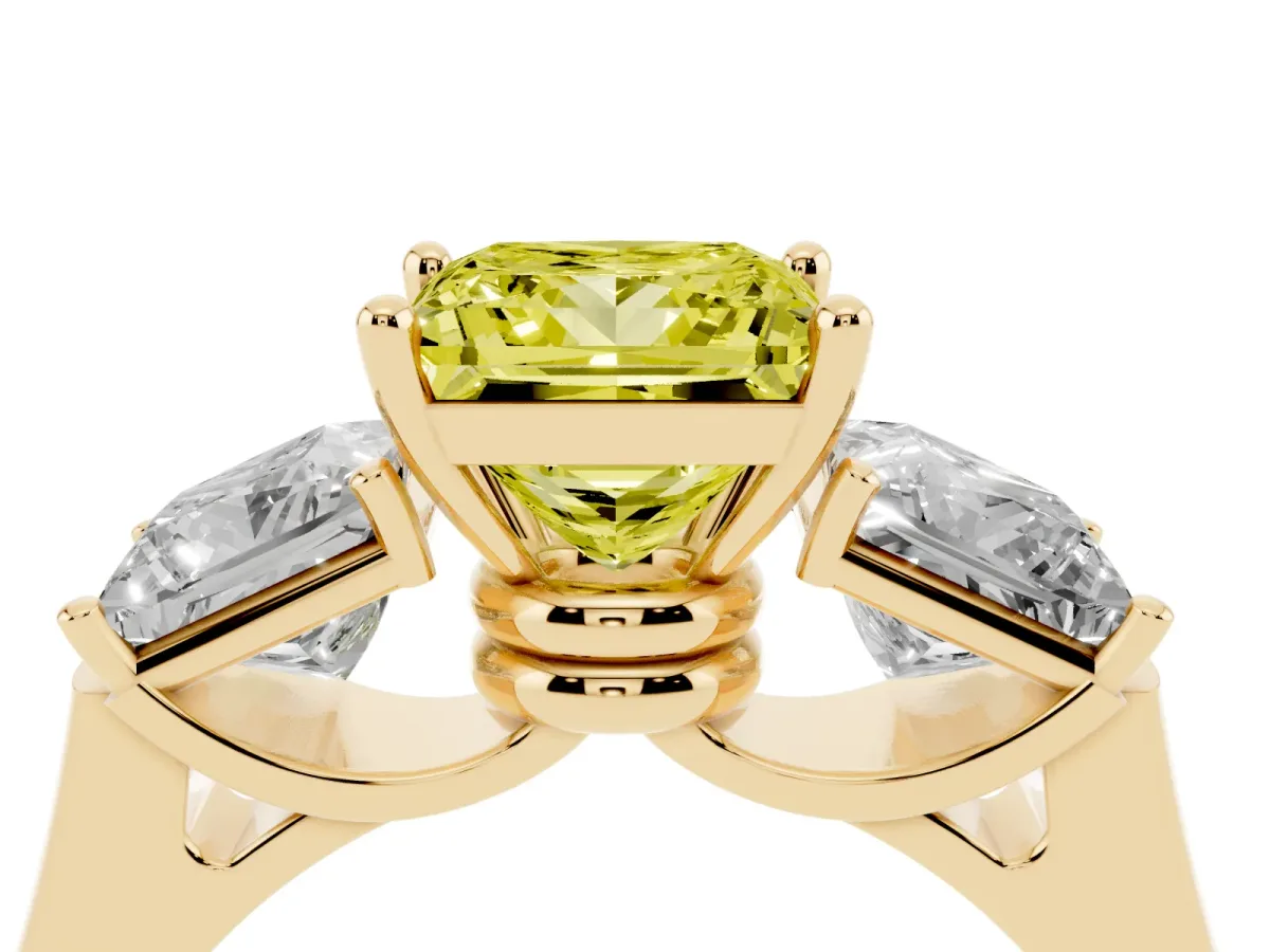 Fancy Yellow Three-Stone Princess Cut Brilliant Diamond Trellis Ring with Comfort Fit Band Yellow gold