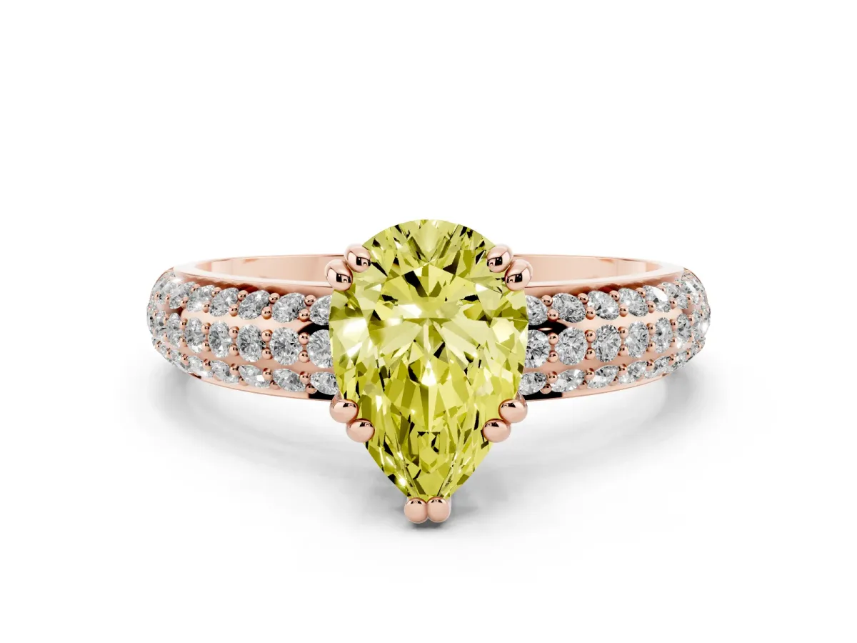 Fancy Yellow Pear Cut Diamond Solitaire Ring with Multi-Row Round Pavé Band and Prong Setting Rose gold