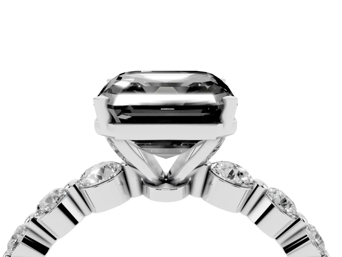 Fancy Black Asscher Cut Solitaire Diamond Ring with Pave Band and Four-Prong Setting Silver
