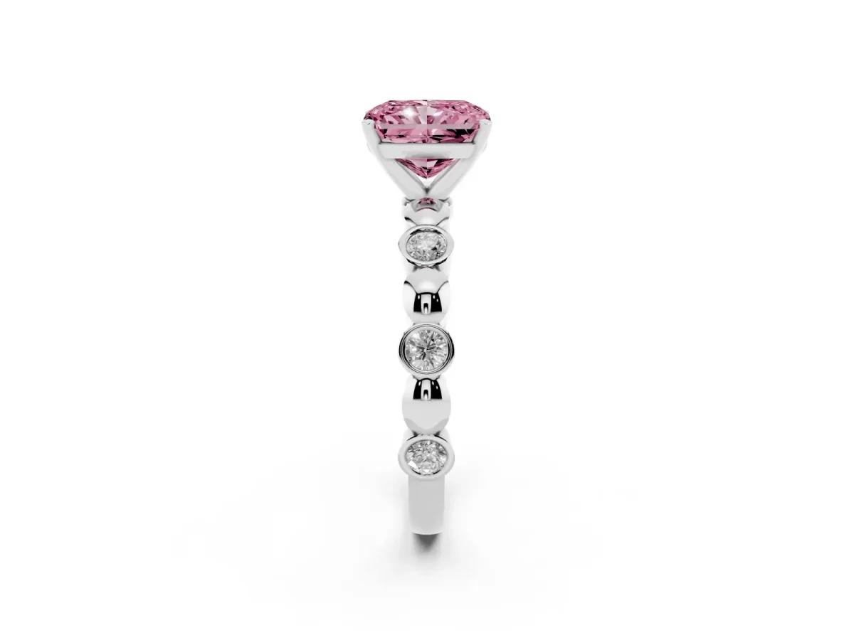 Fancy Pink Radiant Cut Solitaire Bezel-Set Diamond Ring with Beaded Band and Four-Prong Setting Silver
