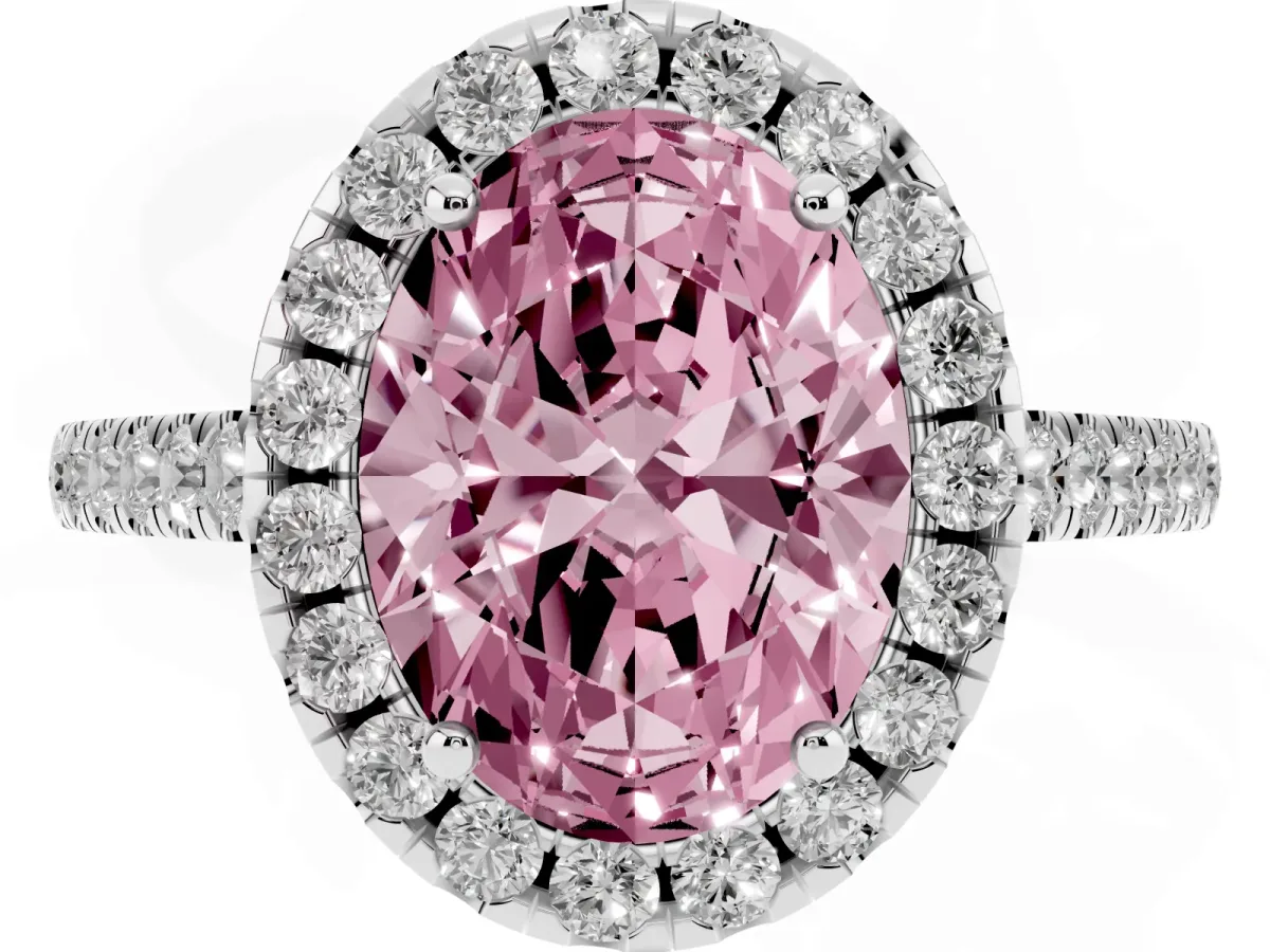 Fancy Pink Oval Cut Halo Pavé Diamond Engagement Ring with Four-Prong Setting Silver