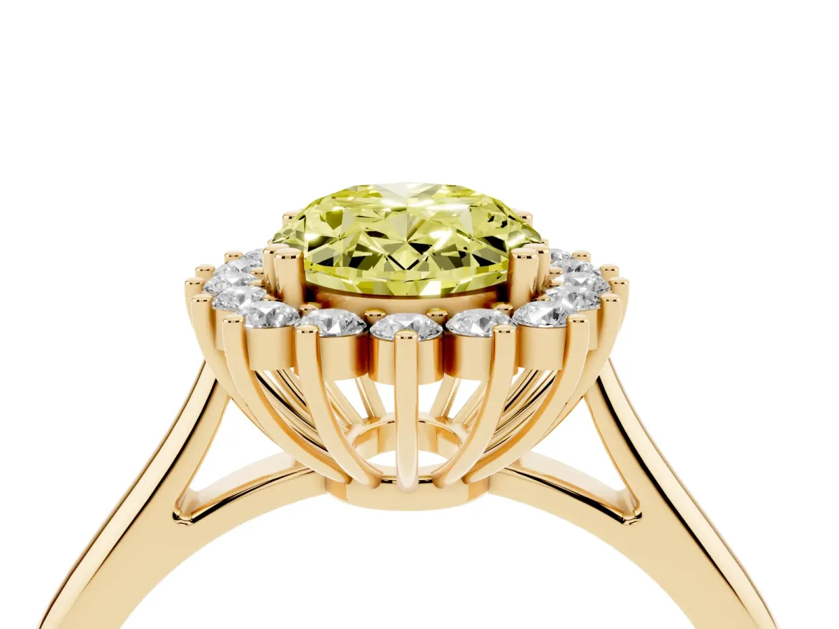 Fancy Yellow Oval Cut Cut Diamond Halo Ring with Solitaire Band and Prong Setting Yellow gold