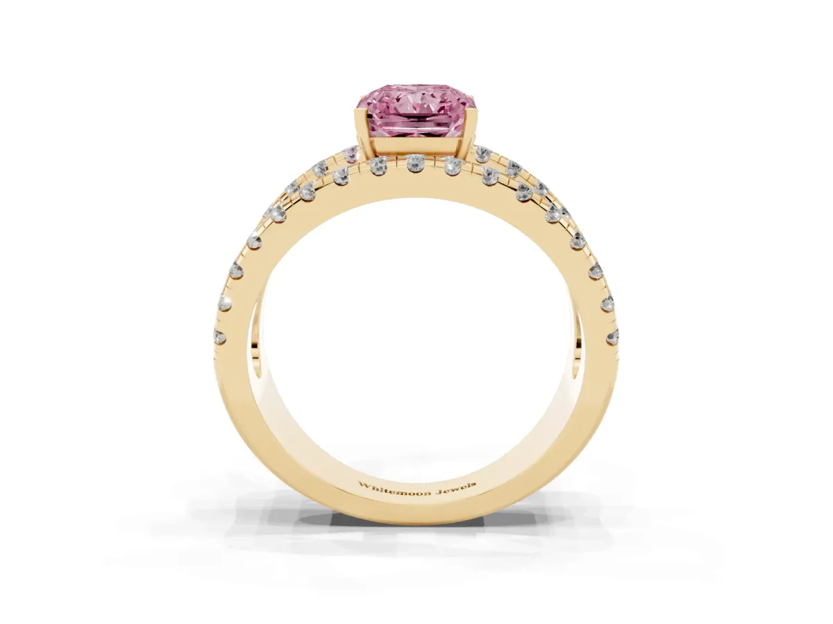 Fancy Pink Radiant Cut Solitaire Split Shank Pave Diamond Ring Yellow gold