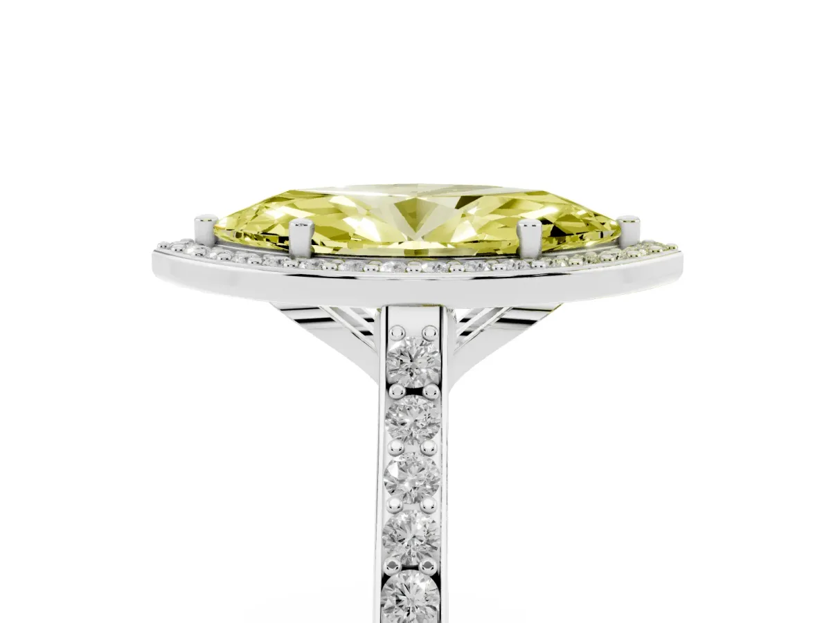 Fancy Yellow Marquise Cut Diamond Halo Engagement Ring with Round Pavé Shoulders and Prong Setting White gold