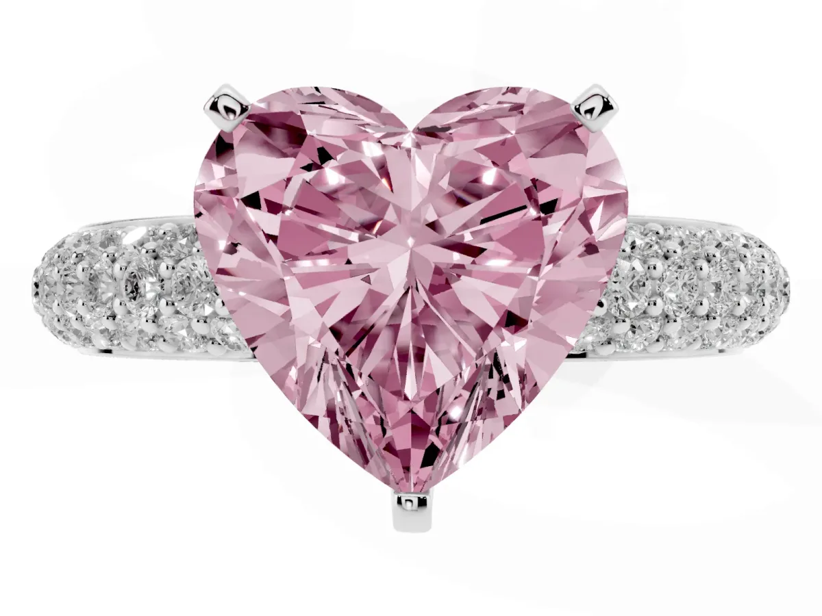 Fancy Pink Heart Cut Diamond Solitaire Ring with Prong Setting and Pavé Band Silver