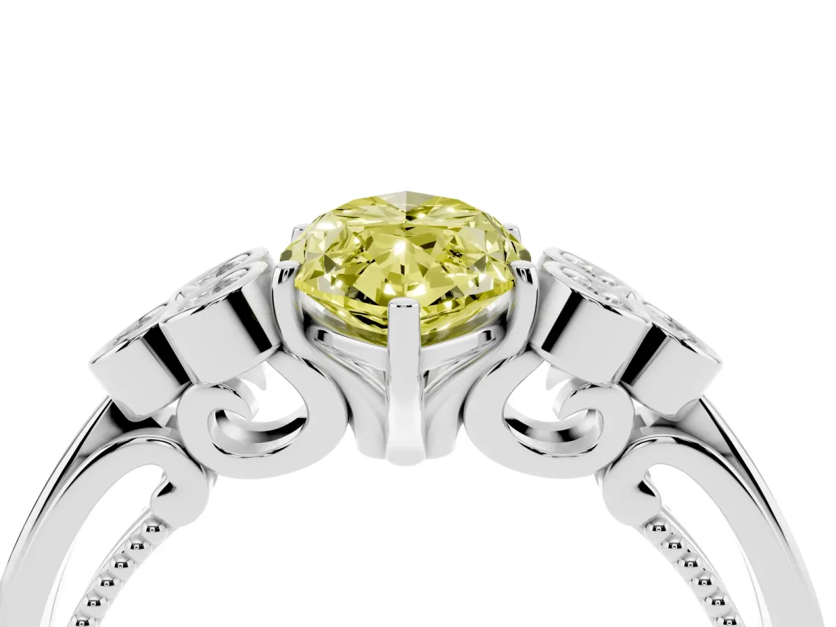 Fancy Yellow Marquise Cut Cut Diamond Engagement Ring with Bezel Set Round Side Stones and Prong Setting Silver