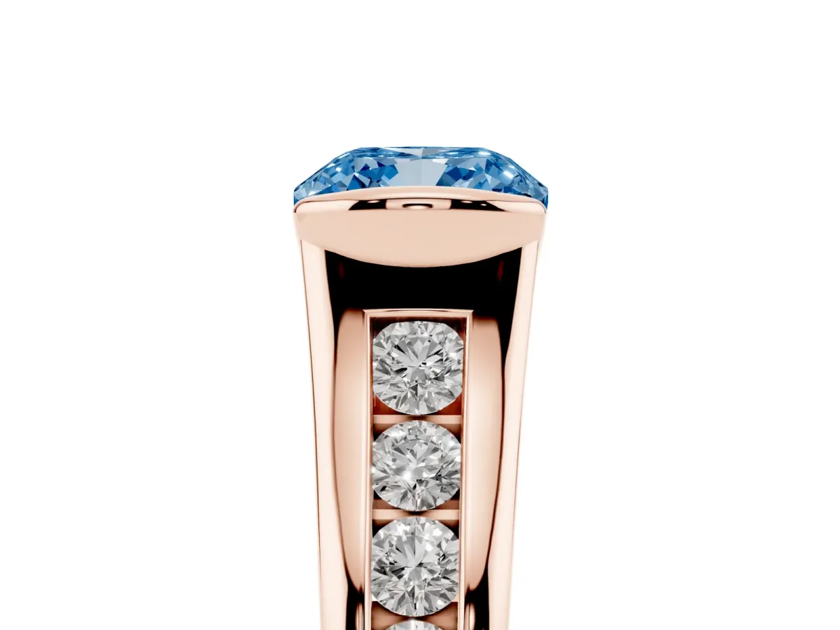 Fancy Blue Cushion Cut Solitaire Bezel-Set Diamond Ring with Channel-Set Band Rose gold