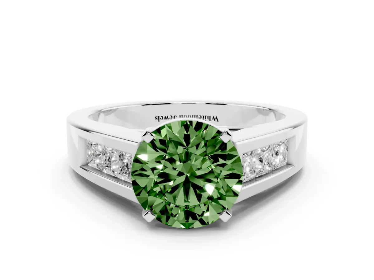 Fancy Green Round Cut Cut Channel Set Solitaire Ring with Four-Prong Setting Silver