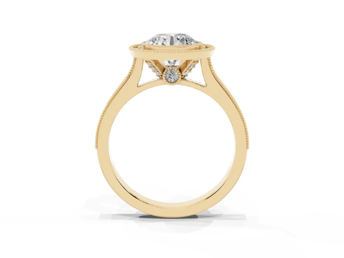 Halo Round Cut-Cut Diamond Pave Band Milgrain Prong Setting Ring Yellow gold