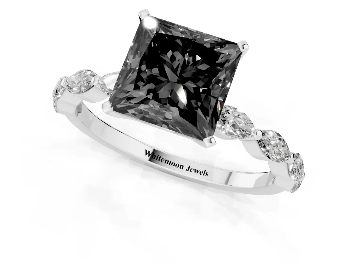 Fancy Black Princess Cut Diamond Ring with Marquise Side Stones and Prong Setting Platinum