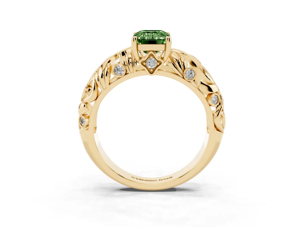 Fancy Green Emerald Cut Solitaire Diamond Leaf-Inspired Vine Band Ring with Prong Setting Yellow gold