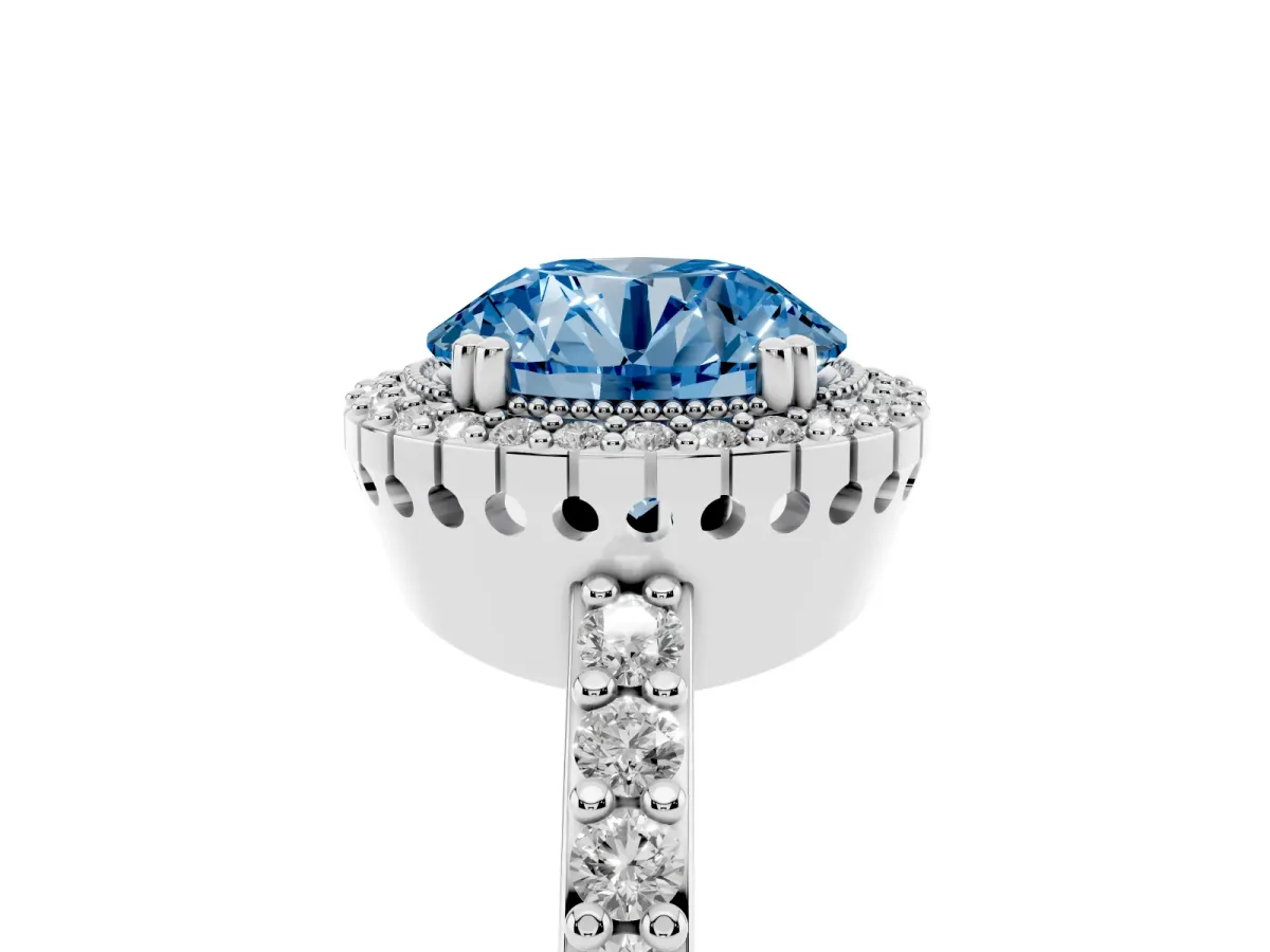 Fancy Blue Round Cut Cut Diamond Halo Engagement Ring with Milgrain Detail and Pavé Band Silver