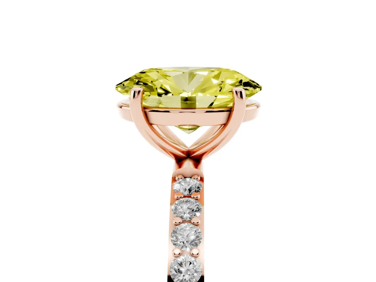 Fancy Yellow Oval Cut Diamond Solitaire Ring with Round Pavé Shoulders and Prong Setting Rose gold